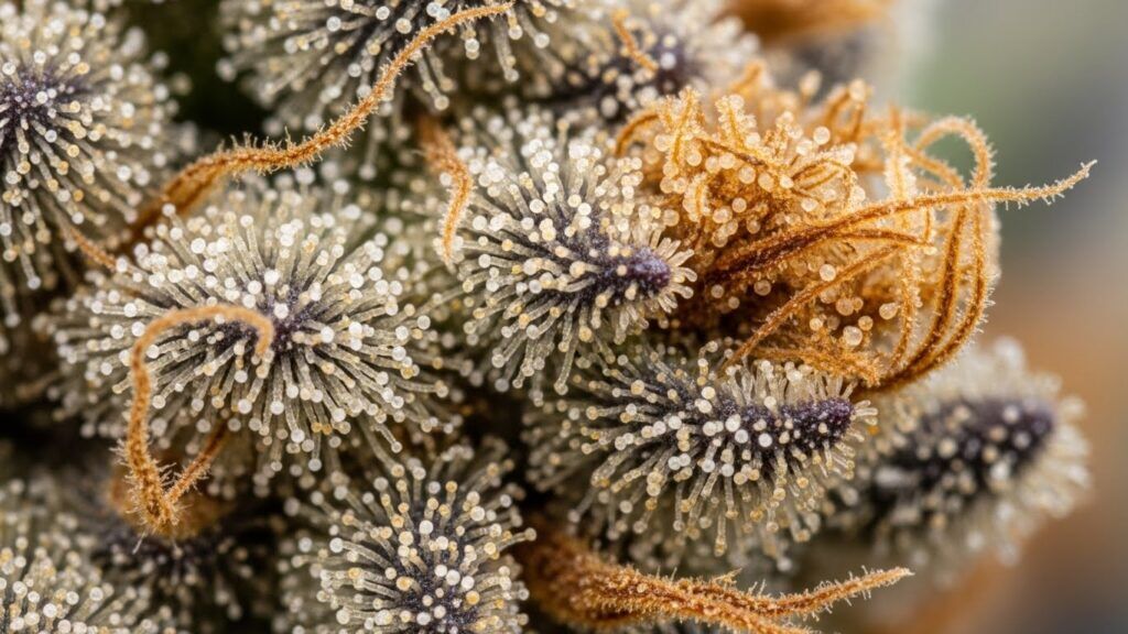 Macro shot of cloudy and amber trichomes on a cannabis calyx
