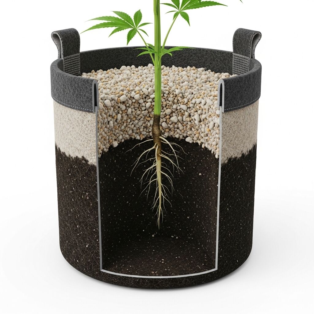 3D cross-section diagram of a fabric pot showing the living soil layering method: nutrient-rich super soil at the bottom and light potting mix at the top to prevent seedling burn.